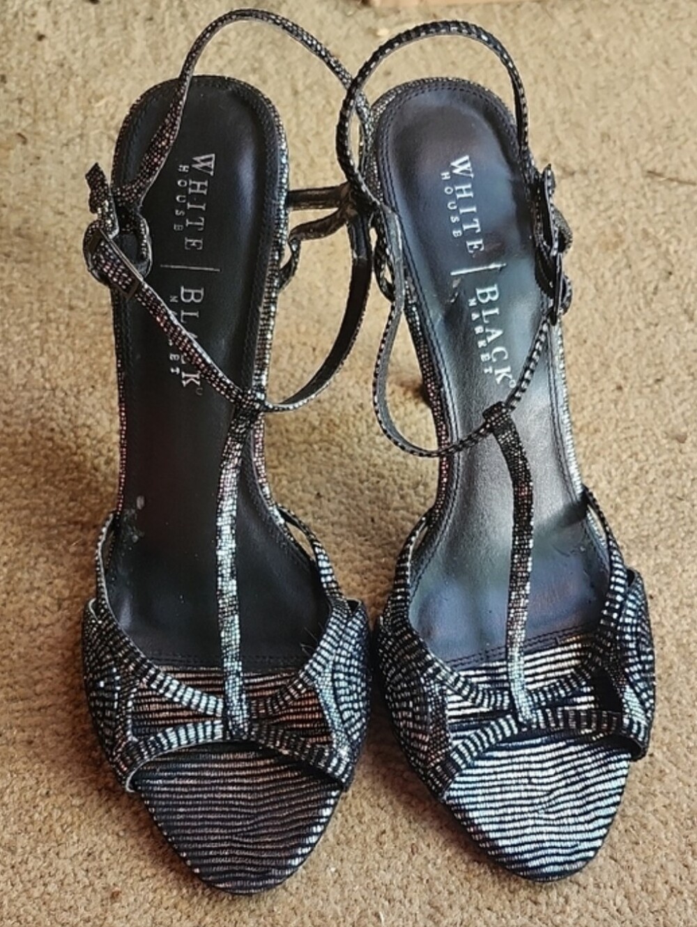 White House Black Market Black and Silver Beaded T-Strap Heels